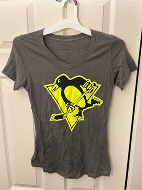 Pittsburgh’s Penguins Hockey Soft As A Grape Gray - Yellow Neon Logo V-Neck Tee